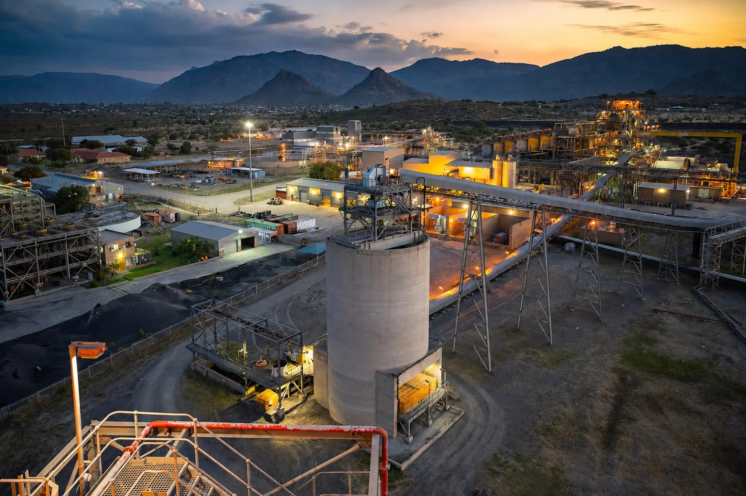 Aerial view of an ore processing plant and stockpile site at dusk